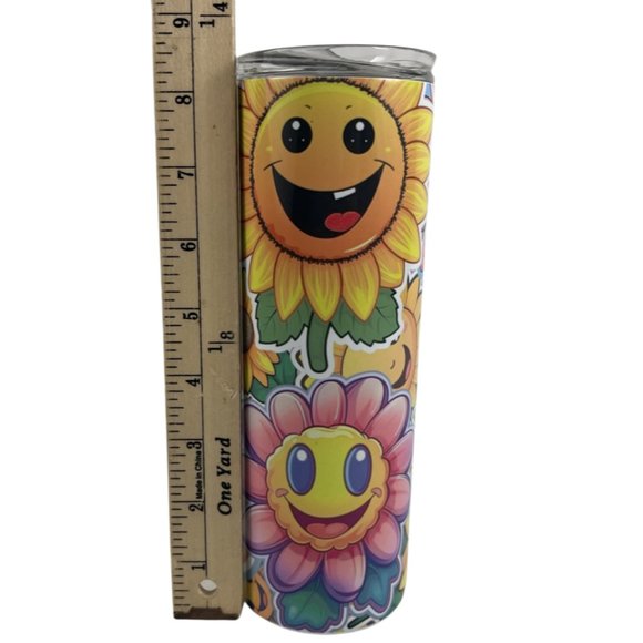 Skinny Tumbler 20oz Smiley Face Flowers Sunflowers Stainless-Steel Insulated - Picture 7 of 9